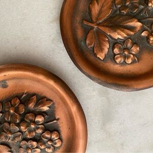 pair vintage 60s embossed copper art berry flowers wall plaques